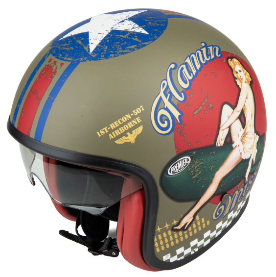 Casque jet Premier Vintage Pin Up Military BM kaki/rouge mat