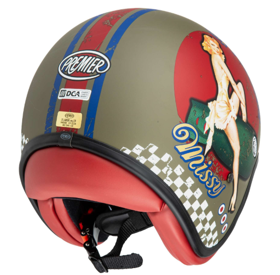 Casque jet Premier Vintage Pin Up Military BM kaki/rouge mat