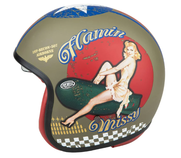 Casque jet Premier Vintage Pin Up Military BM kaki/rouge mat