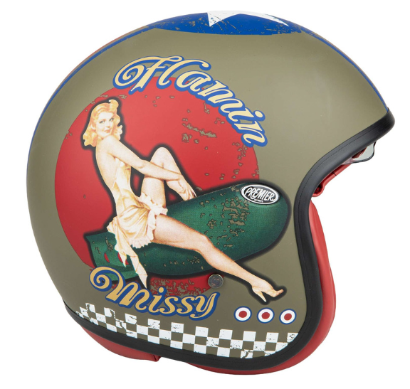 Casque jet Premier Vintage Pin Up Military BM kaki/rouge mat