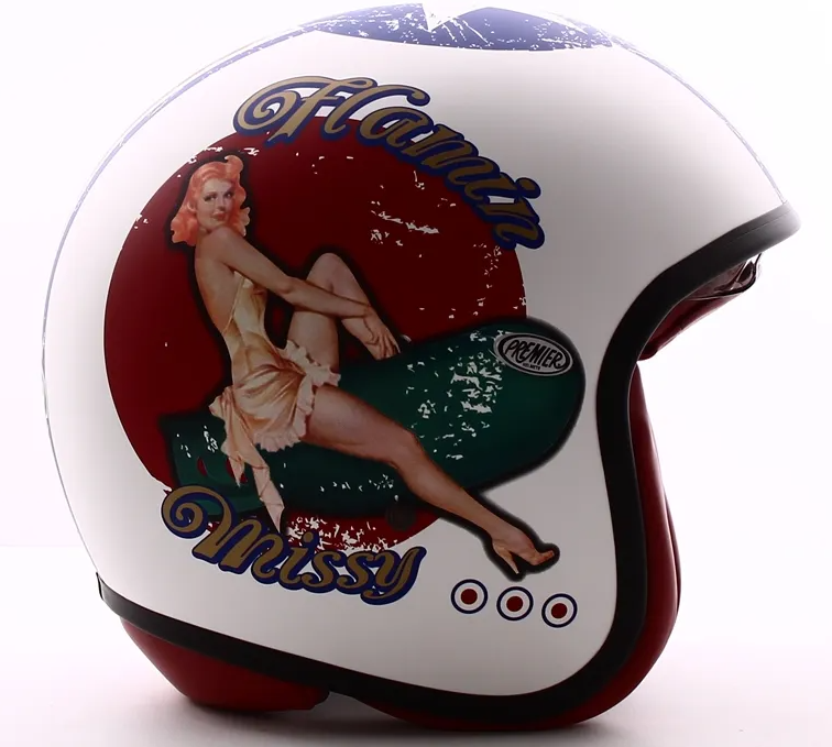 Casque jet Premier Vintage Pin Up Military BM blanc mat /rouge