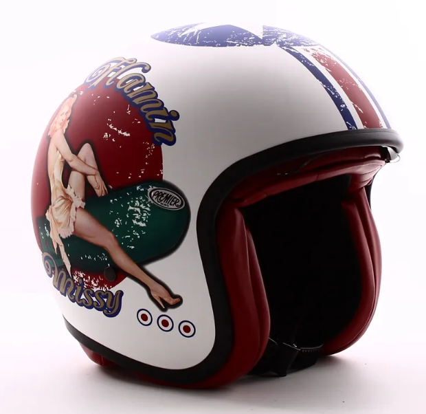 Casque jet Premier Vintage Pin Up Military BM blanc mat /rouge