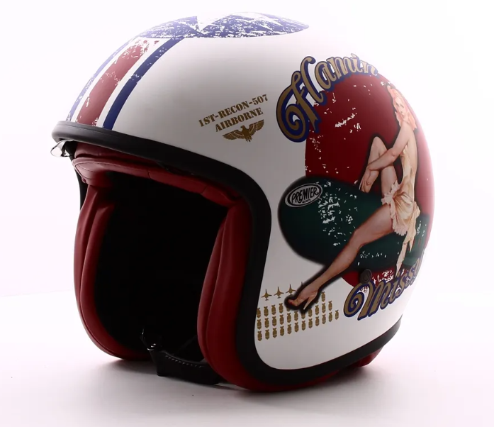 Casque jet Premier Vintage Pin Up Military BM blanc mat /rouge