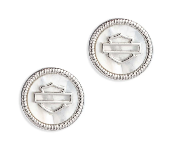 Boucles d'oreilles à clous rondes Harley-Davidson® pour femmes, en nacre, avec logo Bar & Shield.