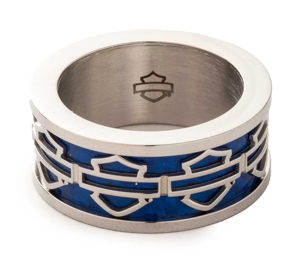 Bague pour homme Harley-Davidson® avec logo Bar & Shield bleu, en acier inoxydable argenté
